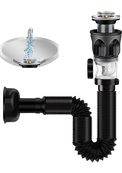 Borusu Seti, Lavabo Gideri, Sifon, Koku Geçirmez Lavabo Gider Seti Seti, Esnek Tahliye Hortumu ve Pop-Up Filtreli, Gider Tapası, 300 – 1000 mm Genişletilebilir