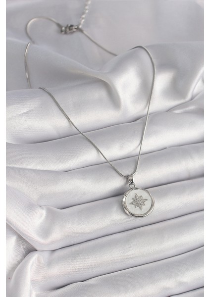 316L Çelik Gümüş Renk Zincir Beyaz Sedefli Zirkon Taşlı Yıldız Işleme Model Kadın Kolye - Lisinya fiyatları