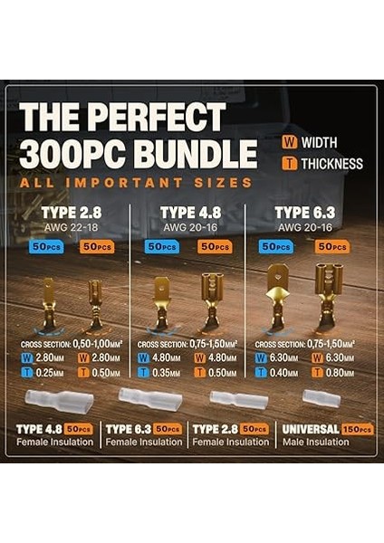 Elektrik Konnektörleri Seti 300 Parça - 2,8 mm I 4,8 mm I 6,3 mm - Saklama Kutusu - Izoleli Konnektörler - Erkek-Dişi Terminaller - Sıkma Terminalleri fırsatları
