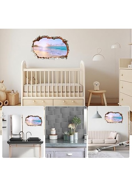 Deniz Plaj Duvar Sticker,plaj Sahne Duvar Sticker - Deniz Manzarası Çubuk Duvar Kağıdı | Yapışkanlı Deniz Manzarası Kırık Delik Sandy Beach Duvar Çıkartması Pencere Duvar Duvar Oturma Odası Için fırsatları