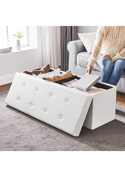 Tabure 120 Litre, Saklama Kutusu, Tabure, Katlanabilir, 300 Kg'a Kadar Yük, Sentetik Deri Kapak, Döşemeli, Beyaz LSF702 fırsatları