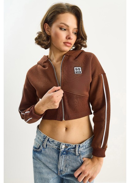 Kadın Kapüşonlu Fermuarlı Korse Detaylı Şardonlu Crop Hırka