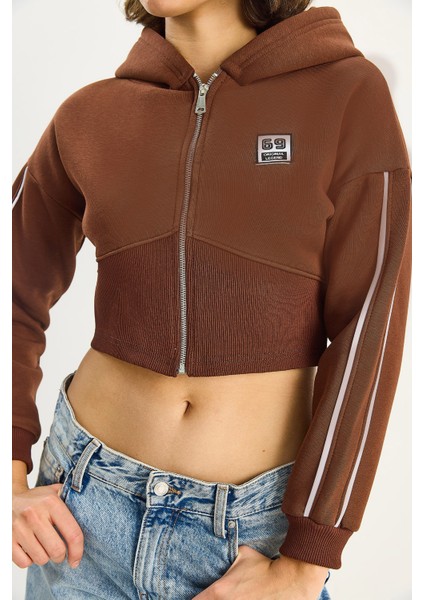 Kadın Kapüşonlu Fermuarlı Korse Detaylı Şardonlu Crop Hırka fırsatları