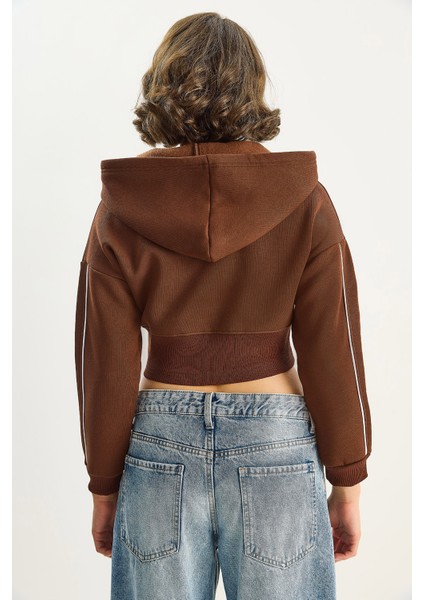 Kadın Kapüşonlu Fermuarlı Korse Detaylı Şardonlu Crop Hırka indirimleri