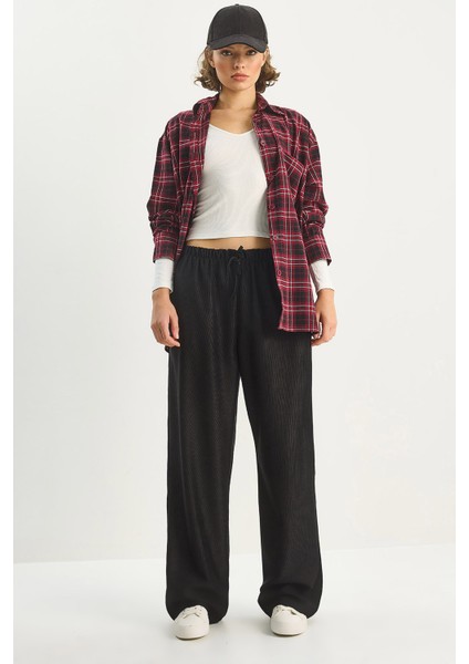 Kadın Beli Lastikli Cep Detaylı Fitilli Palazzo Pantolon