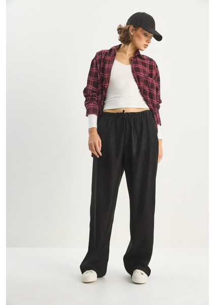 Kadın Beli Lastikli Cep Detaylı Fitilli Palazzo Pantolon modelleri