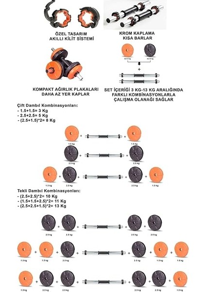 16 kg Dambıl Seti Turuncu-Siyah 6 In 1 Fitness Set modelleri