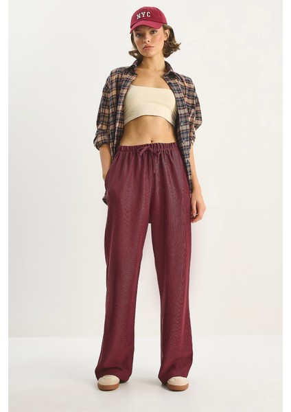 Kadın Beli Lastikli Cep Detaylı Fitilli Palazzo Pantolon