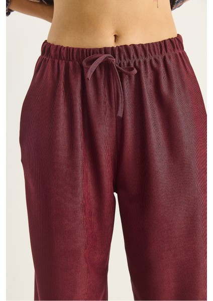 Kadın Beli Lastikli Cep Detaylı Fitilli Palazzo Pantolon