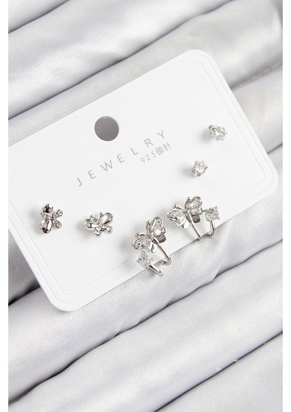 Pirinç Zirkon Taşlı Kelebek Model Gümüş Renk 925 Ayar Gümüş Çivi Kadın Küpe Set - Lisinya