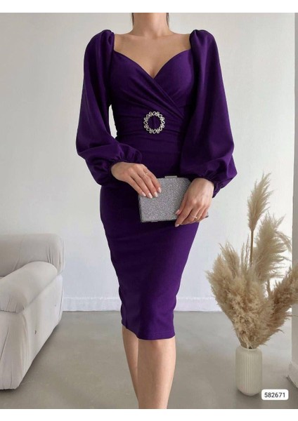 Kalp Yaka Kemerli Ithal Krep Kumaş Uzun Kollu Midi Boy Elbise 582671 Mor fiyatları