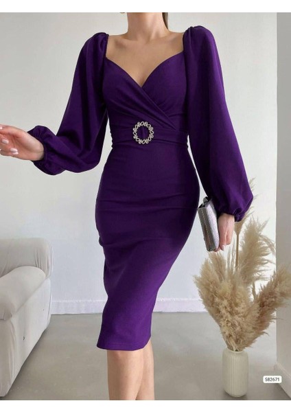 Kalp Yaka Kemerli Ithal Krep Kumaş Uzun Kollu Midi Boy Elbise 582671 Mor modelleri