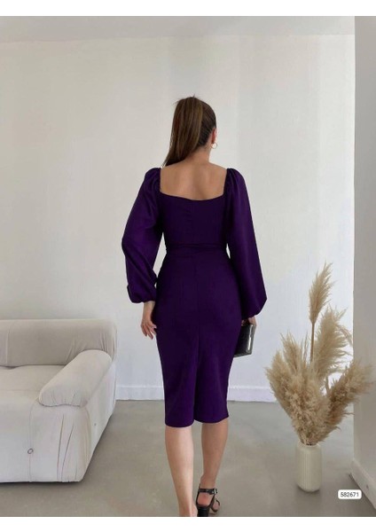 Kalp Yaka Kemerli Ithal Krep Kumaş Uzun Kollu Midi Boy Elbise 582671 Mor fırsatları