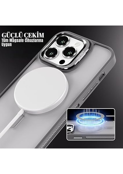 iPhone Için Kılıf Kamera Korumalı Magsafe Wireless Şarj Özellikli Lens Hediyeli Mat Şeffaf Renkli Standlı Kılıf (Gri, iPhone 13 Pro) modelleri