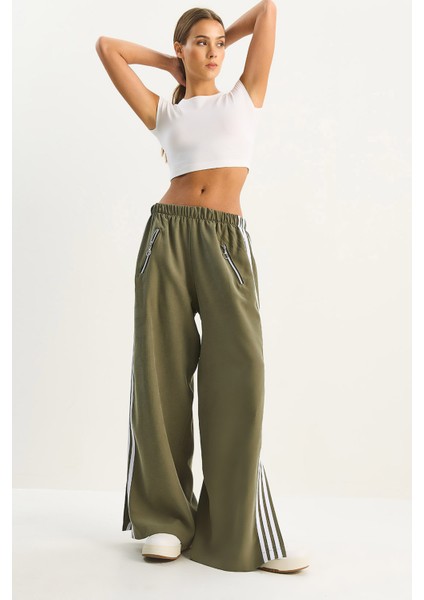 Kadın Şeritli Beli Lastikli Cep Detaylı Mevsimlik Palazzo Pantolon