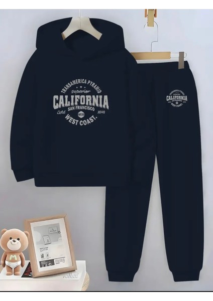 Özel Tasarım Kapüşonlu Californıa West Coast Baskılı %100 Pamuk Kışlık Erkek Çocuk Eşofman Takımı