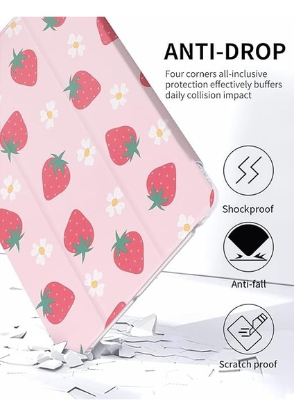 10.2 Inç iPad 9./8./7. Nesil Kılıf, Kalem Tutuculu, Çilek Baskılı Üç Katlı Stand Koruyucu iPad Kılıfı 2021/2020/2019 Için Otomatik Uyku Uyandırma Ile, Pembe fırsatları