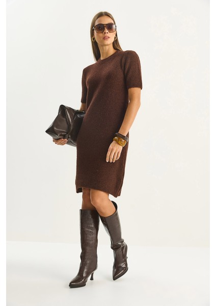 Kadın Bisiklet Yaka Kısa Kollu Yumuşak Dokulu Triko Elbise modelleri