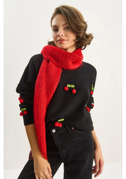 Kadın Bisiklet Yaka Kiraz Aksesuarlı Regular Triko Kazak modelleri