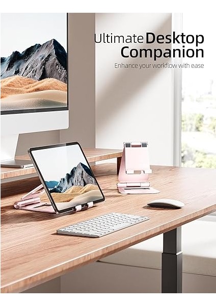 Çift Katlanabilir iPad Standı, Tamamen Ayarlanabilir Masaüstü Tablet Tutucu, Ofis Kindle Için iPad Aksesuarları 4-11 Inç Mobil Cihazlarla Uyumlu iPad Pro/mini, iPhone Pro/max/plus, Nexus, Pembe indirimleri