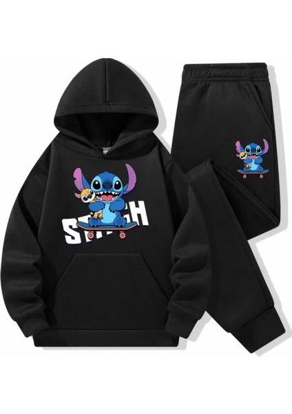 Punıx Kıds Özel Seri Kapüşonlu Stitch Baskılı %100 Pamuk Kışlık Kız-Erkek Çocuk Eşofman Takımı