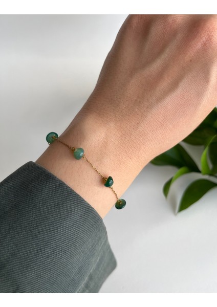 Gerçek Doğal Taşlı Paslanmaz Çelik Altın Renk Zarif Bileklik