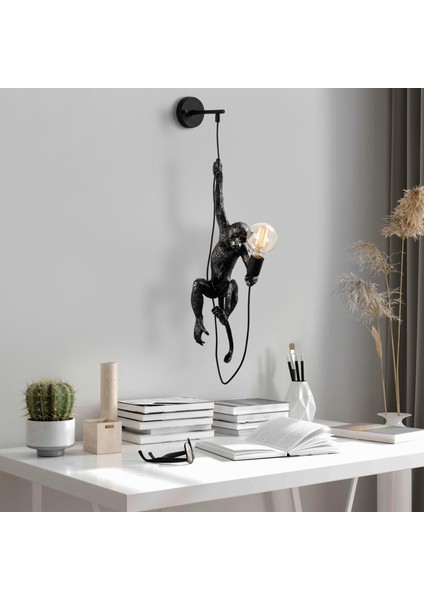 Yak Polyester Siyah Maymun Figürlü Duvar Apliği, Dekoratif Heykel Ambiyans Lamba YAK-028