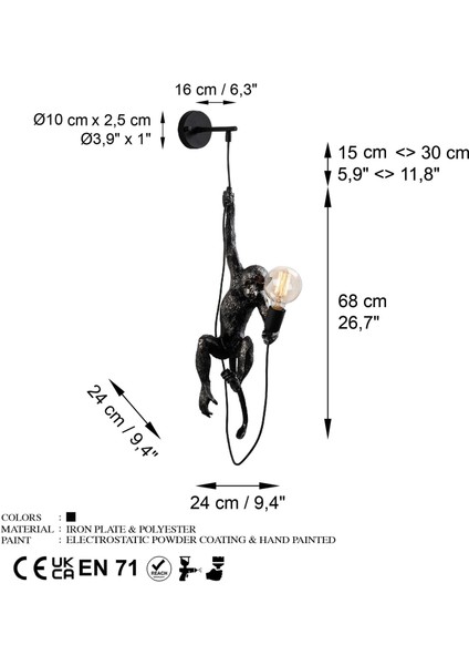 Yak Polyester Siyah Maymun Figürlü Duvar Apliği, Dekoratif Heykel Ambiyans Lamba YAK-028 indirimleri