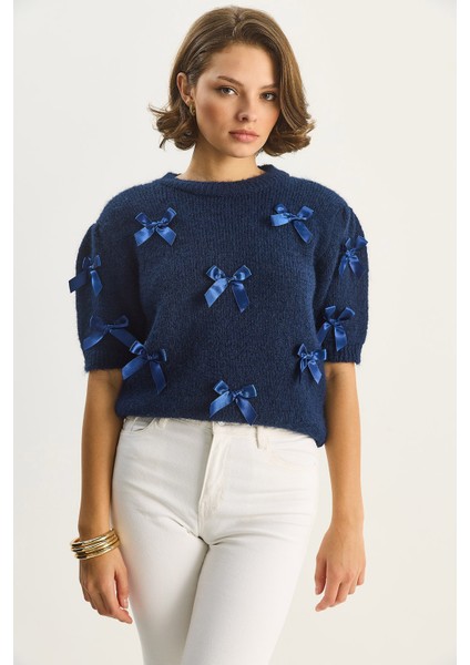 Kadın Bisiklet Yaka Fiyonk Detaylı Kısa Kollu Triko Kazak fiyatları