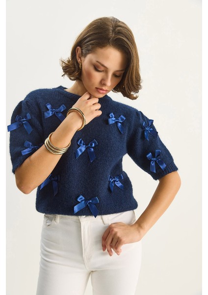 Kadın Bisiklet Yaka Fiyonk Detaylı Kısa Kollu Triko Kazak modelleri