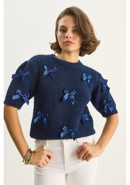 Kadın Bisiklet Yaka Fiyonk Detaylı Kısa Kollu Triko Kazak fırsatları