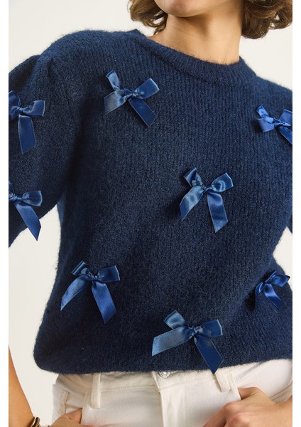 Kadın Bisiklet Yaka Fiyonk Detaylı Kısa Kollu Triko Kazak indirimleri