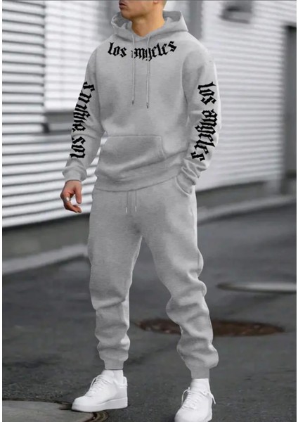 Punıx Büyük Beden Özel Tasarım Kapüşonlu Italik Los Angeles Baskılı Kışlık Trend Erkek Eşofman Takımı