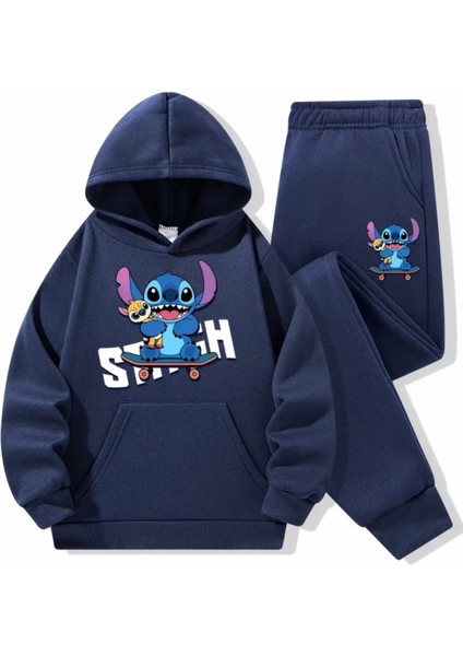 Punıx Kıds Özel Seri Kapüşonlu Stitch Baskılı %100 Pamuk Kışlık Kız-Erkek Çocuk Eşofman Takımı