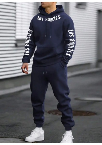 Punıx Büyük Beden Özel Tasarım Kapüşonlu Italik Los Angeles Baskılı Kışlık Trend Erkek Eşofman Takımı