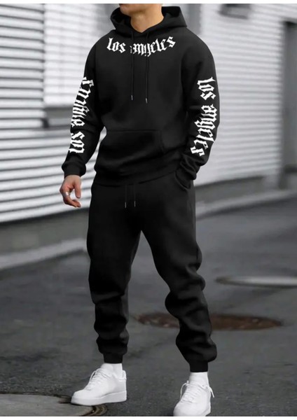Punıx Büyük Beden Özel Tasarım Kapüşonlu Italik Los Angeles Baskılı Kışlık Trend Erkek Eşofman Takımı