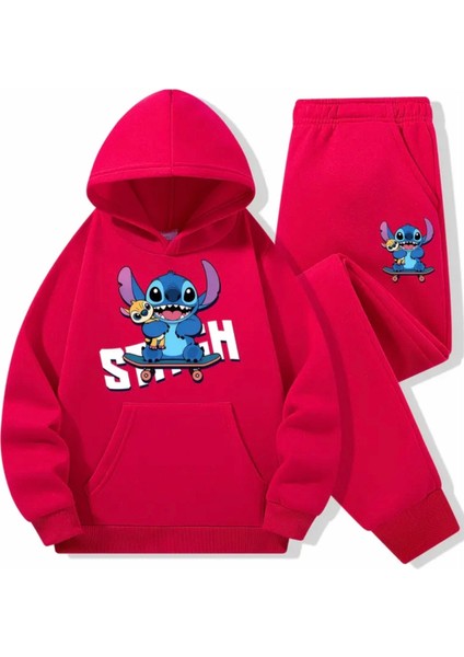Punıx Kıds Özel Seri Kapüşonlu Stitch Baskılı %100 Pamuk Kışlık Kız-Erkek Çocuk Eşofman Takımı
