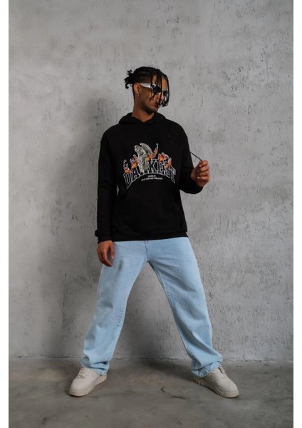 Erkek Oversize Kapüşonlu Sweatshirt - Siyah Renk Üç Iplik Içi Pamuklu Kanguru Cepli Baskılı Hoodie Rahat Kalıp Kışlık Günlük Kombinlere Uygun - Siyah fiyatları