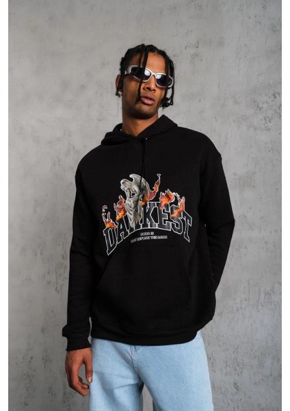 Erkek Oversize Kapüşonlu Sweatshirt - Siyah Renk Üç Iplik Içi Pamuklu Kanguru Cepli Baskılı Hoodie Rahat Kalıp Kışlık Günlük Kombinlere Uygun - Siyah fırsatları