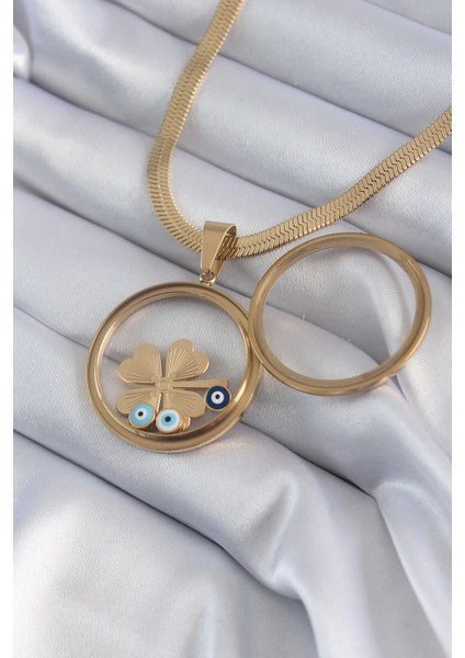 Bfs 316L Çelik Gold Renk Italyan Zincir Açılabilir Fanus Yonca Figür Model Kadın Kolye