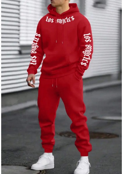 Punıx Büyük Beden Özel Tasarım Kapüşonlu Italik Los Angeles Baskılı Kışlık Trend Erkek Eşofman Takımı