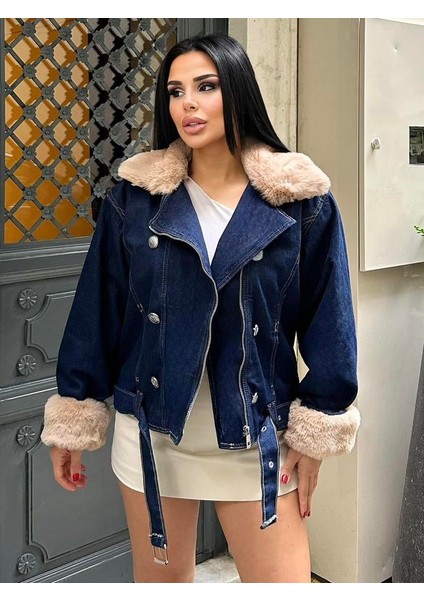 Sagi Kadın Manşet & Yaka Kürk Detaylı Metal Düğme Çapraz Fermuarlı Içi Full Kürklü Kot Mont