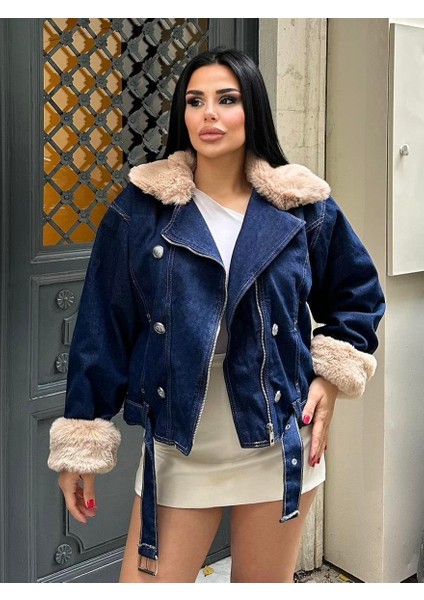 Sagi Kadın Manşet & Yaka Kürk Detaylı Metal Düğme Çapraz Fermuarlı Içi Full Kürklü Kot Mont modelleri