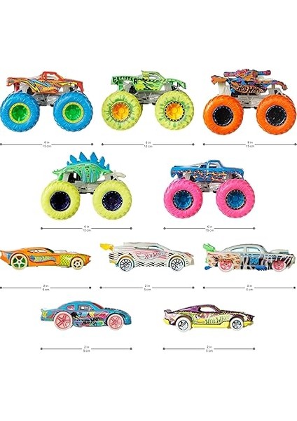 Wheels Monster Trucks Karanlıkta Parlayan Araçlar Paketi Hot Wheels Monster Trucks Karanlıkta Parlayan Araçlar Paketi 5 Adet Monster Trucks Aracı ve 5 Adet Araba Içeren Çoklu Paket HCB57 modelleri