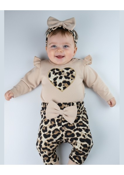 Bebek Takımı Kız Bebek Leopar Desenli Fiyonklu Bandanalı 0-12 Ay Bej/gül Kurusu