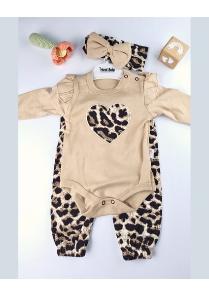 Bebek Takımı Kız Bebek Leopar Desenli Fiyonklu Bandanalı 0-12 Ay Bej/gül Kurusu fiyatları