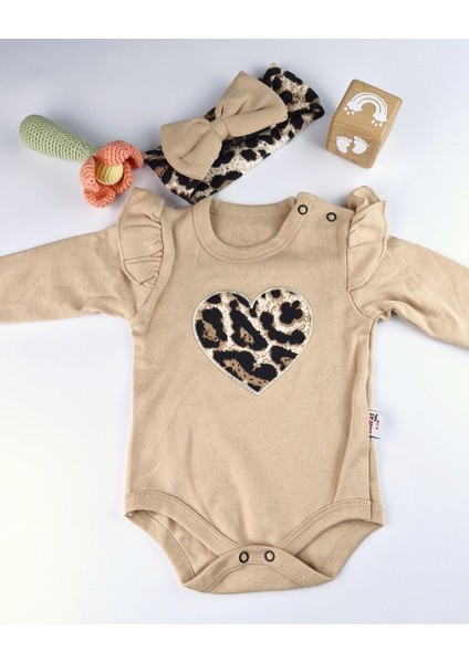 Bebek Takımı Kız Bebek Leopar Desenli Fiyonklu Bandanalı 0-12 Ay Bej/gül Kurusu indirimleri