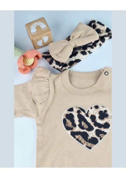 Bebek Takımı Kız Bebek Leopar Desenli Fiyonklu Bandanalı 0-12 Ay Bej/gül Kurusu