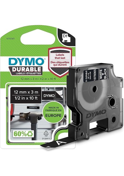 Kalıcı D1 Şerit (12 mm x 3 Mt), Siyah/beyaz - 1978365