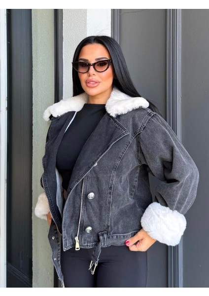 Sagi Kadın Manşet & Yaka Kürk Detaylı Metal Düğme Çapraz Fermuarlı Içi Full Kürklü Kot Mont